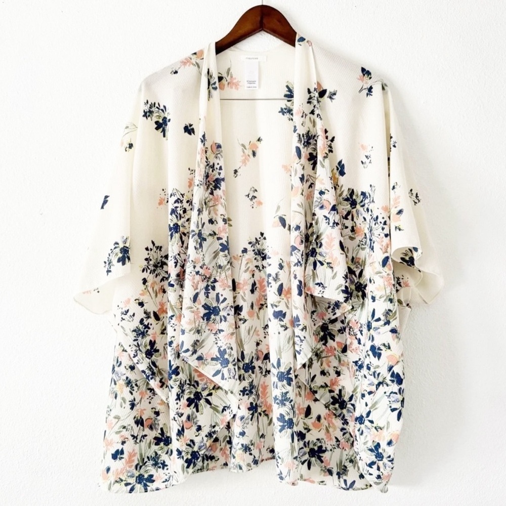 Open Front Cream Ditsy Floral Kimono One Size Boho Chic Flowy Summer Layering
